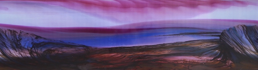 Anthony Stern (1944 -2022), contemporary art glass panel, ‘Crimson Bay’, framed, signed in pencil, 17 x 59cm. Condition - good, would benefit from a clean